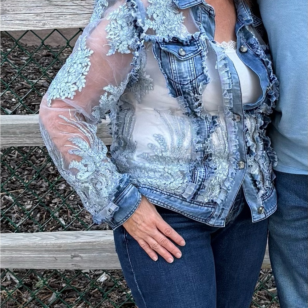 Elegant Blue Embroidered Sheer Denim Jacket